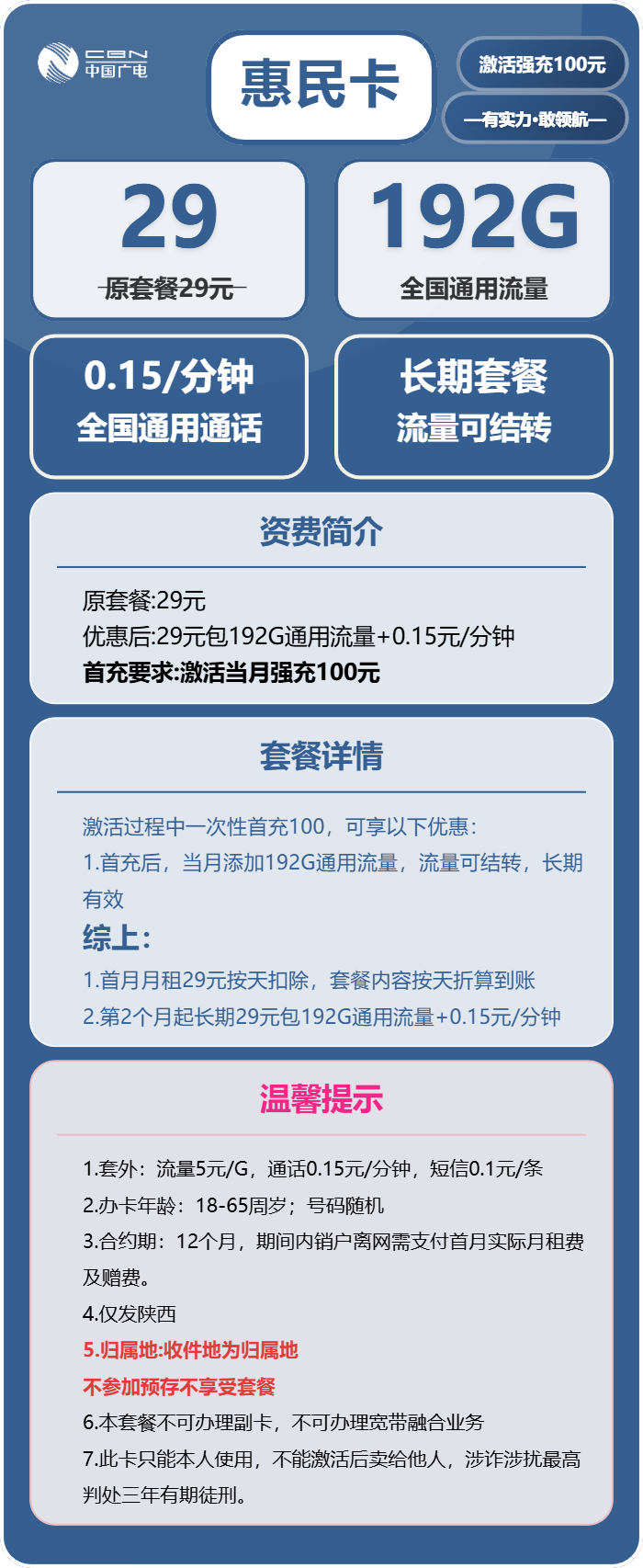 惠民卡29元包192G通用+通话0.15元/分钟官方办理入口
