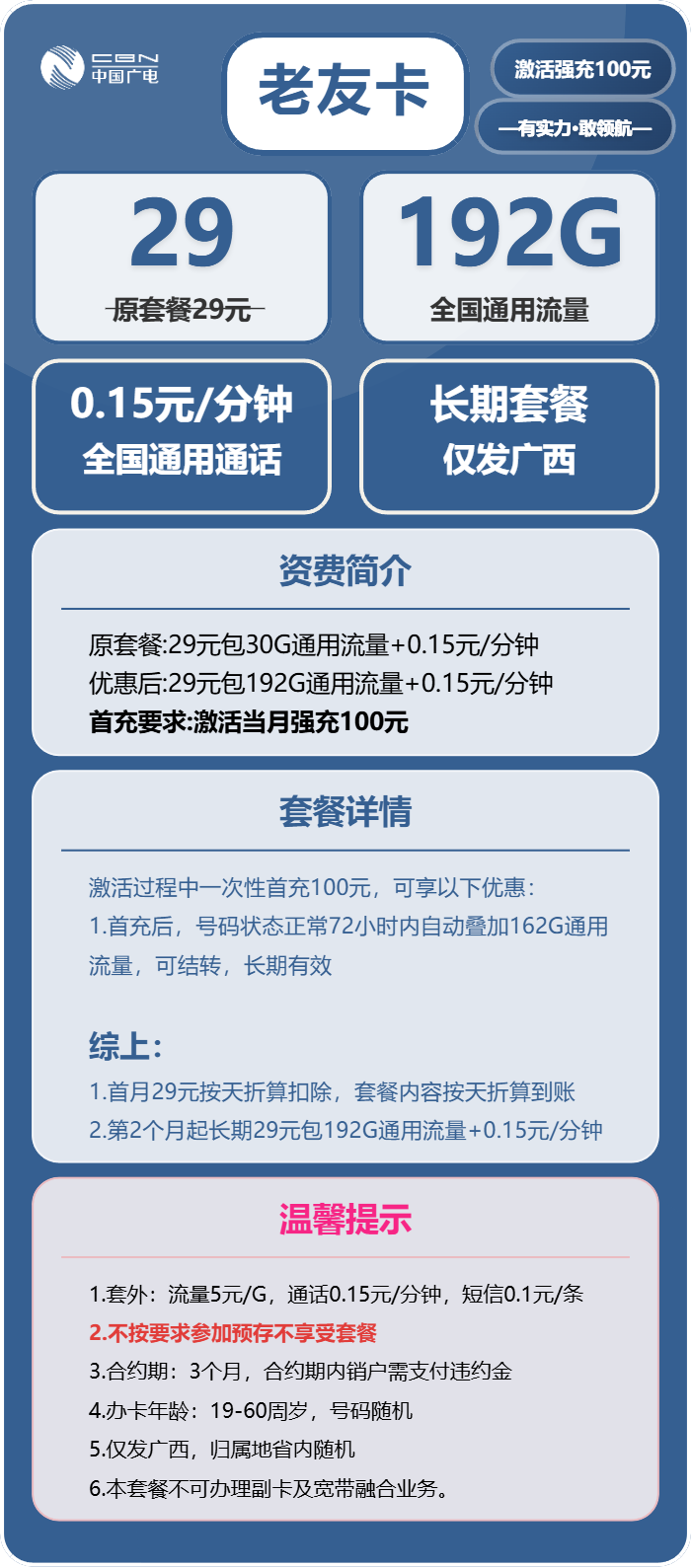老友卡29元包192G通用+通话0.15元/分钟官方办理入口