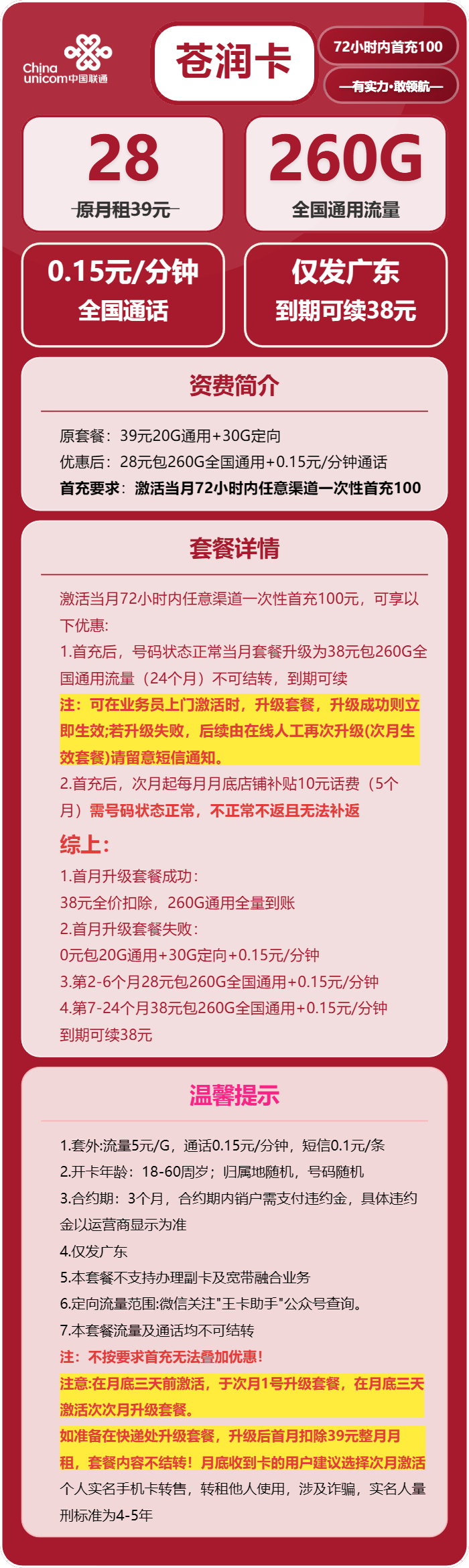 苍润卡28元包260G通用+通话0.15元/分钟官方办理入口