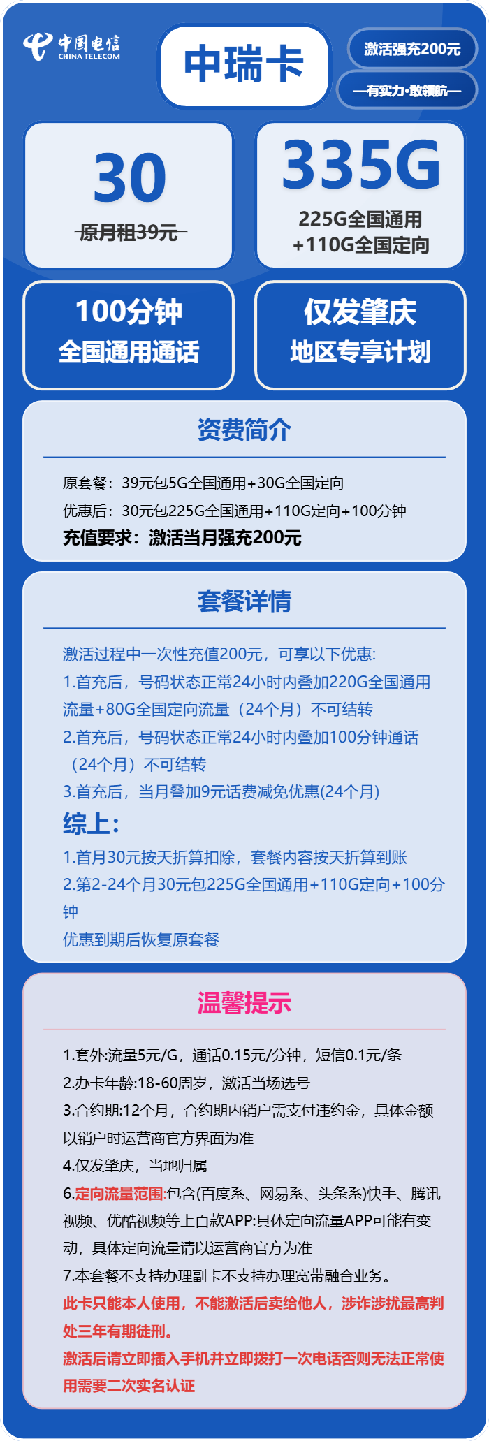 中瑞卡30元包225G通用+110G定向+100分钟通话官方办理入口
