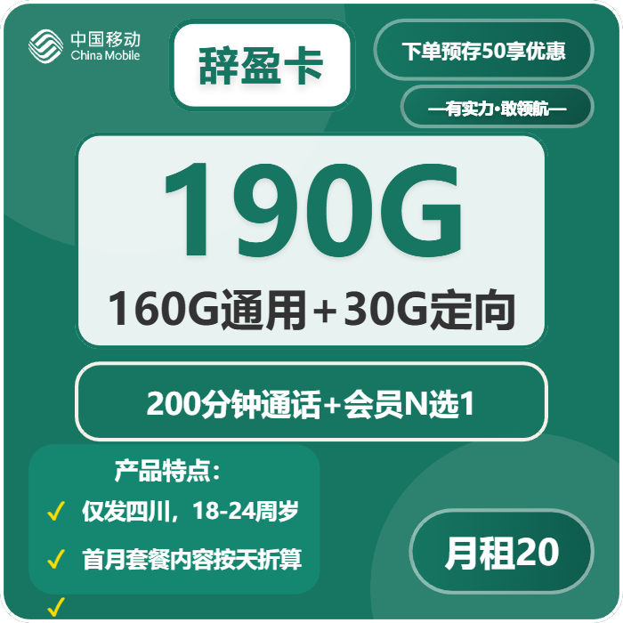 辞盈卡20元包160G通用+30G定向+200分钟通话官方办理入口