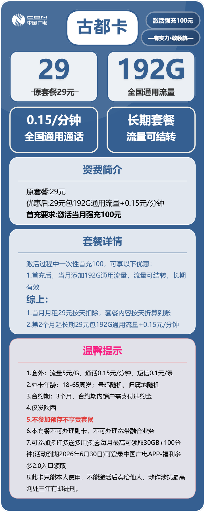 古都卡29元包192G通用+通话0.15元/分钟官方办理入口