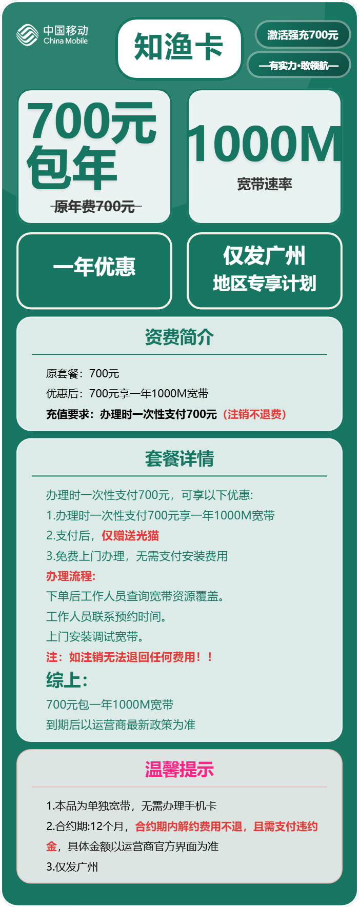 移动知渔卡700元包160G通用+100分钟官方办理入口