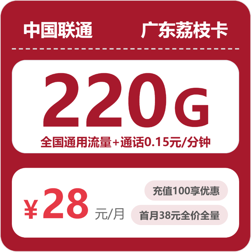 联通广东荔枝卡28元包220G通用+100分钟官方办理入口