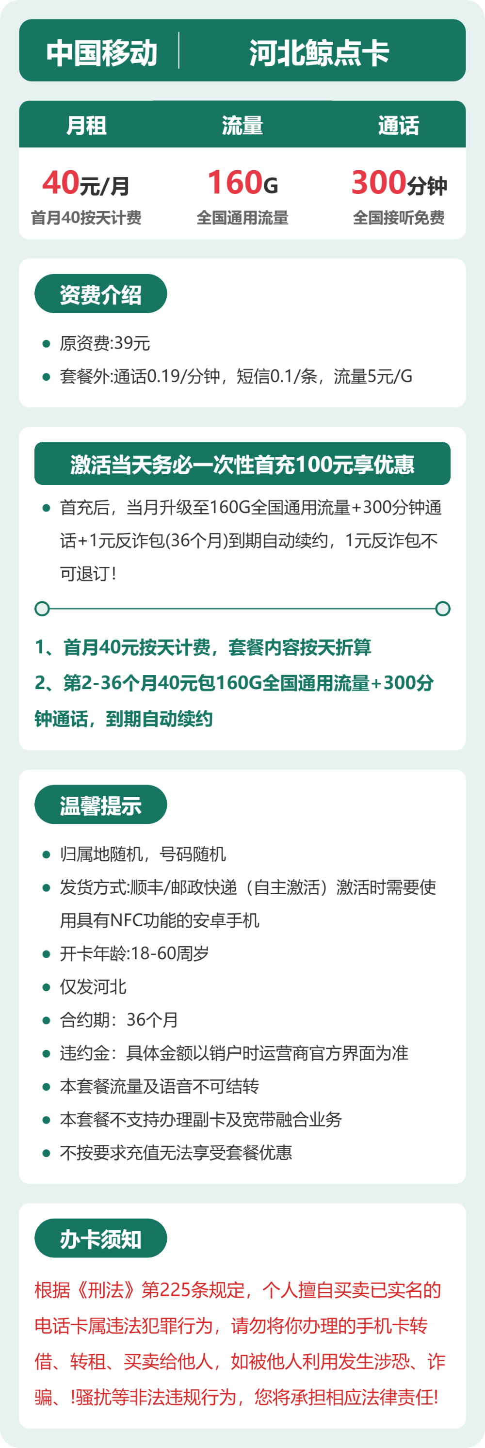 移动河北鲸点卡40元包160G通用+300分钟官方办理入口