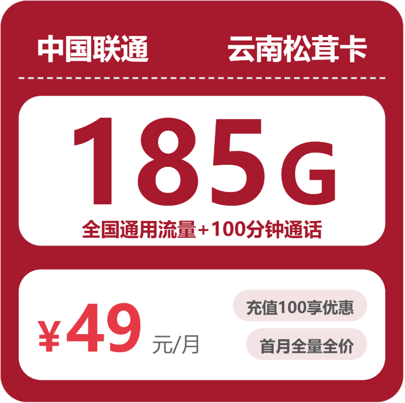联通云南松茸卡49元包185G通用+100分钟官方办理入口