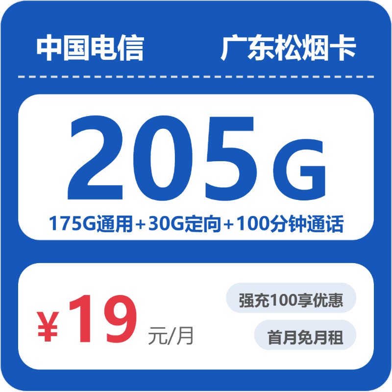 电信广东松烟卡19元包205G通用+100分钟官方办理入口
