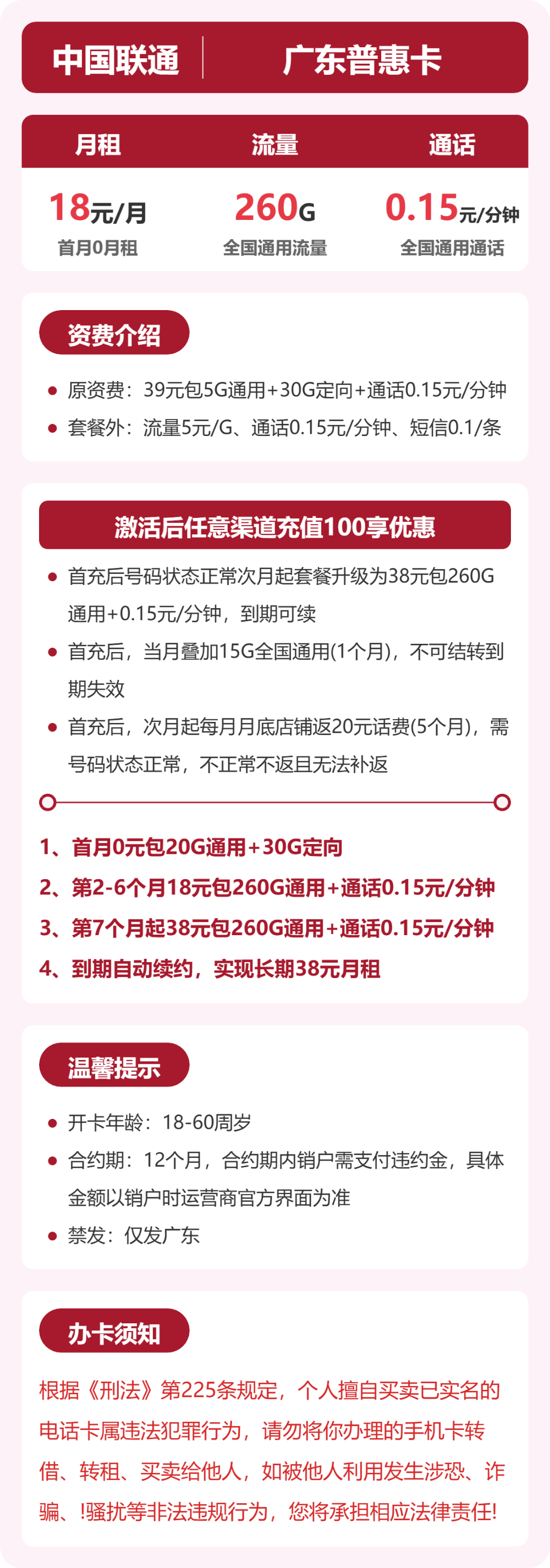 联通广东普惠卡18元包260G通用+100分钟官方办理入口