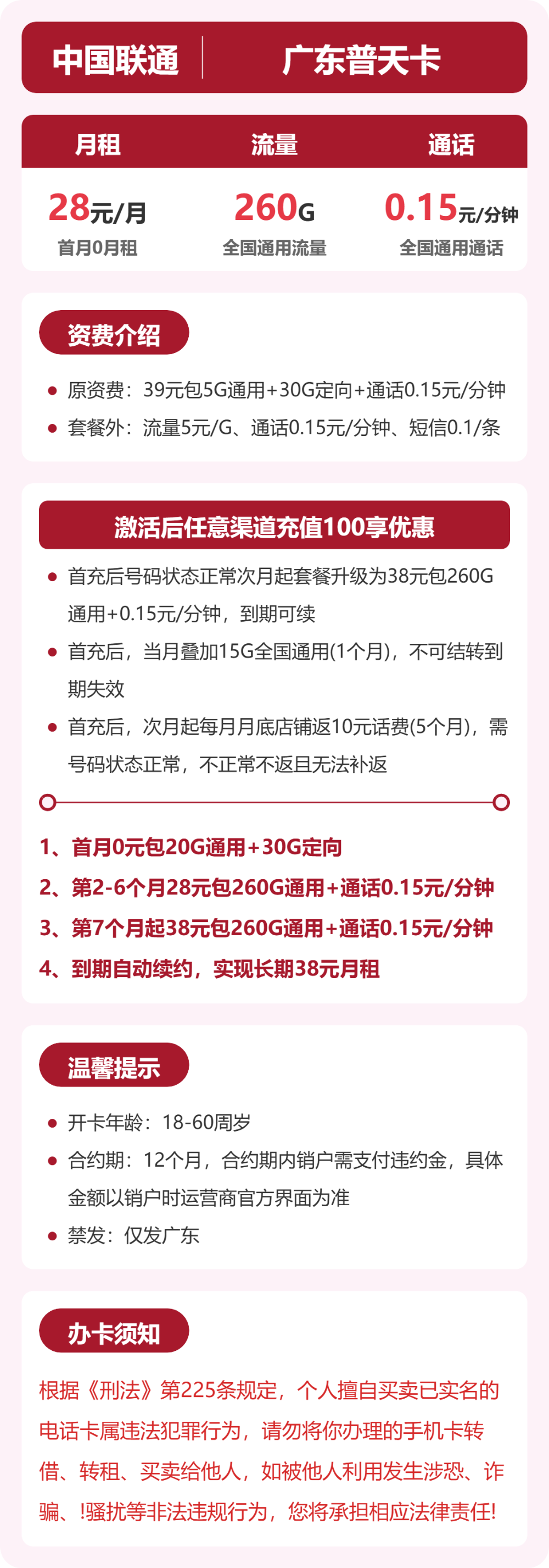 联通广东普天卡28元包260G通用+100分钟官方办理入口