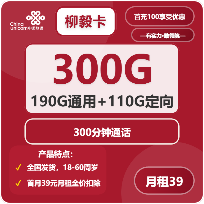 柳毅卡39元包190G通用+110G定向+300分钟官方办理入口
