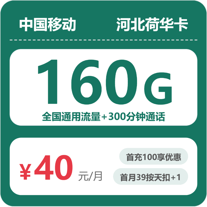 移动河北荷华卡40元包160G通用+300分钟官方办理入口