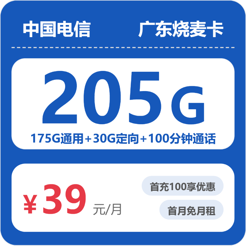 电信广东烧麦卡39元包205G通用+100分钟官方办理入口