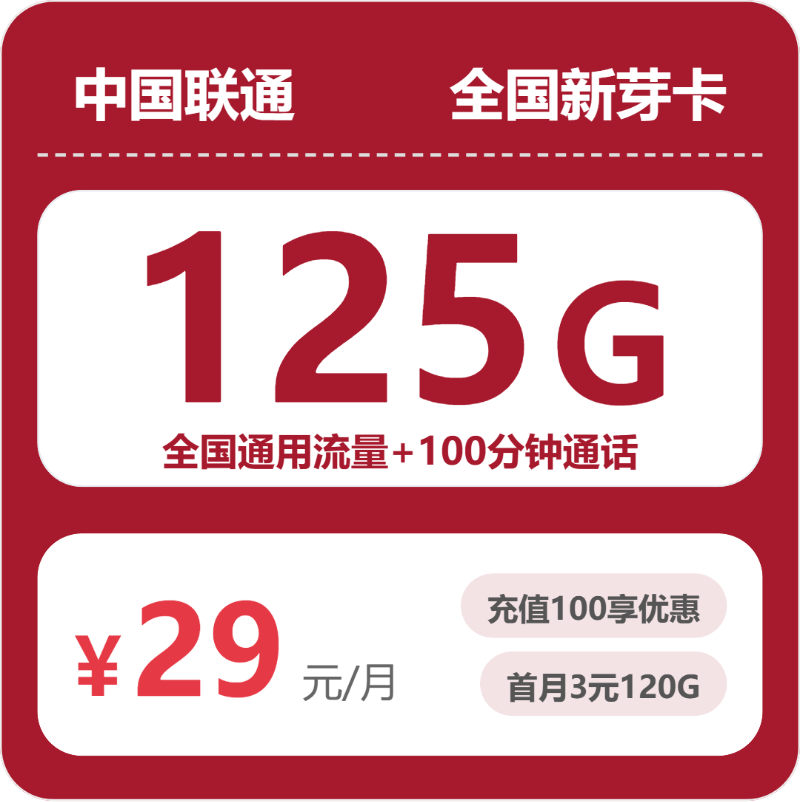 联通全国新芽卡29元包125G通用+100分钟官方办理入口