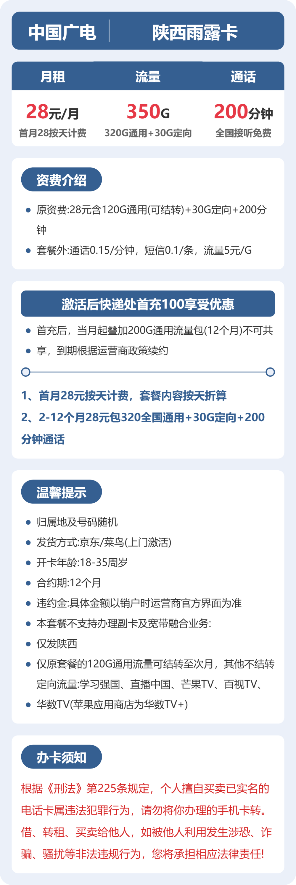 广电陕西雨露卡28元包350G通用+200分钟官方办理入口