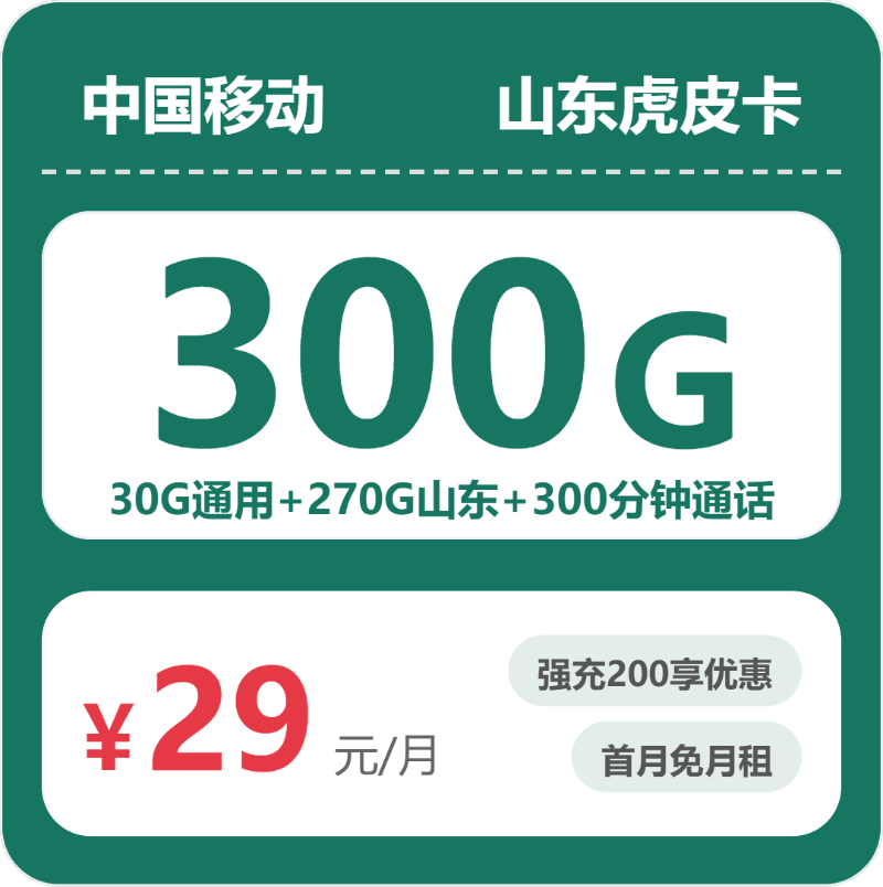 移动山东虎皮卡29元包300G通用+300分钟官方办理入口