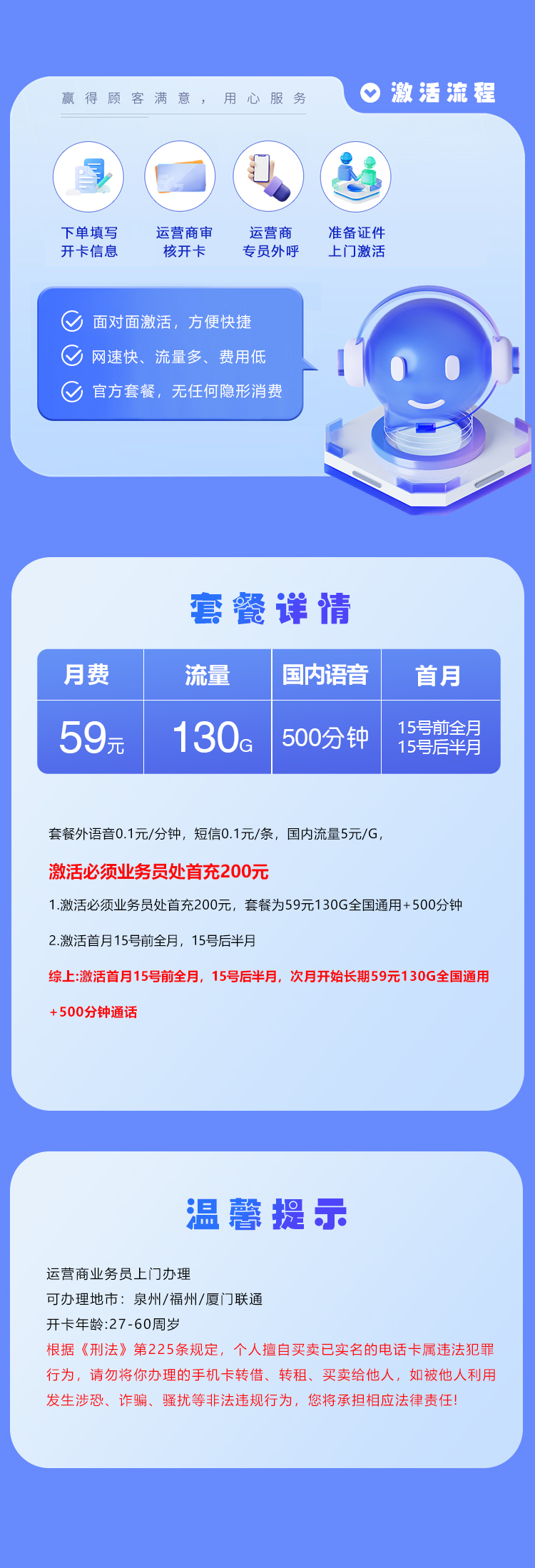 福建联通专属卡【59元130G+500分钟】仅发泉州/福州/厦门官方办理入口