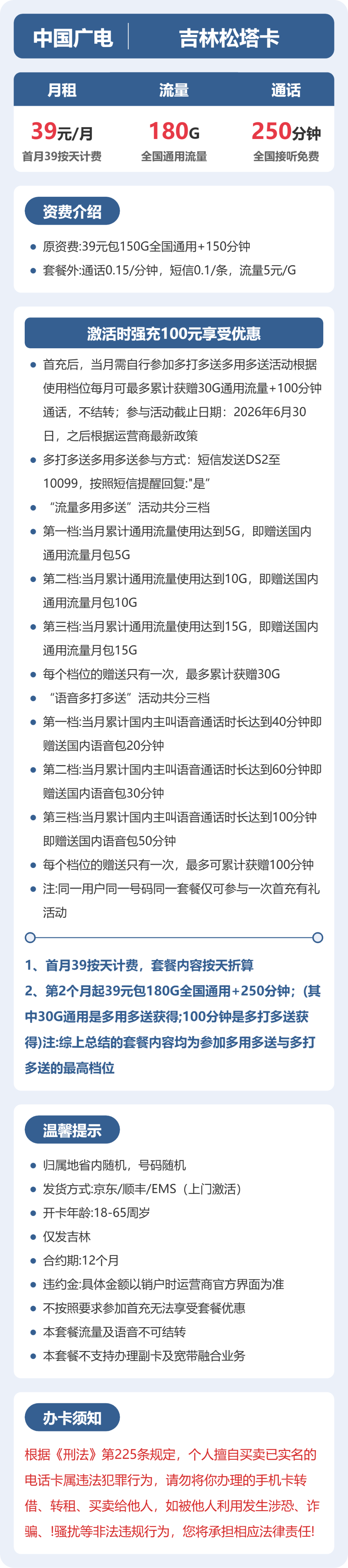 广电吉林松塔卡39元包180G通用+250分钟官方办理入口