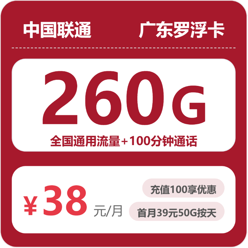 联通广东罗浮卡38元包260G通用+100分钟官方办理入口