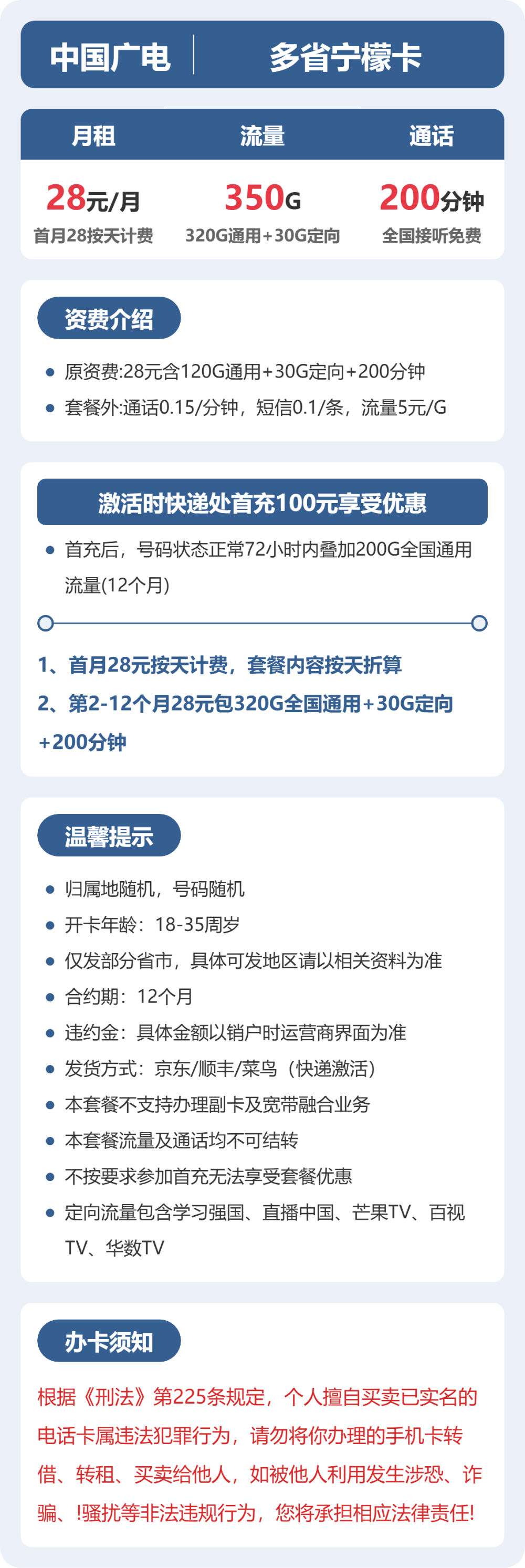 广电多省宁檬卡28元包350G通用+200分钟官方办理入口