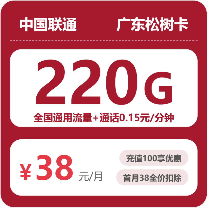联通广东松树卡38元包220G通用+100分钟官方办理入口