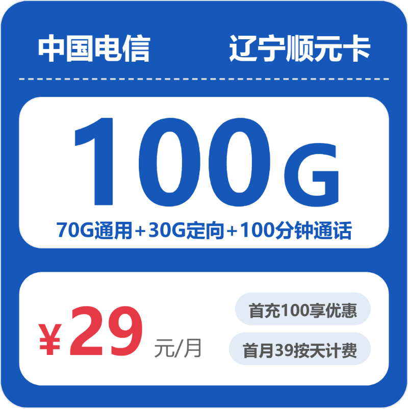 电信辽宁顺元卡29元包100G通用+100分钟官方办理入口