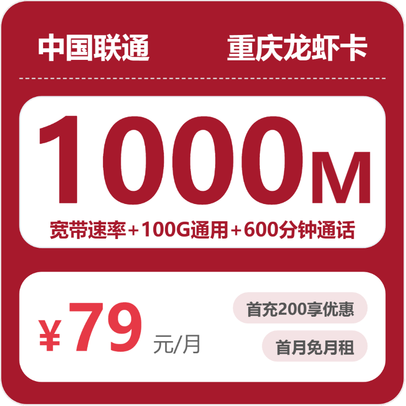 联通重庆龙虾卡79元包100G通用+600分钟官方办理入口